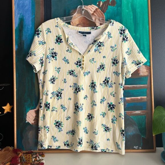 Karen Scott Yellow Floral Short Sleeve Top - Picture 1 of 16